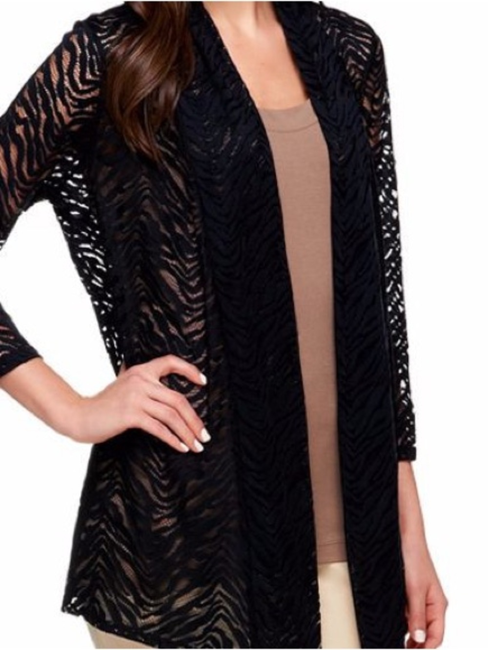 Susan Graver Stretch Lace Open Front Cardigan Black Size 3X